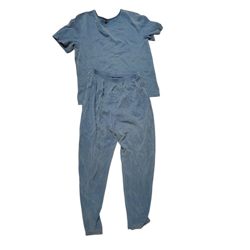Tianello Large Pants Small Top Shirt & Pants Set Blue Tencel Blend Short Sleeve